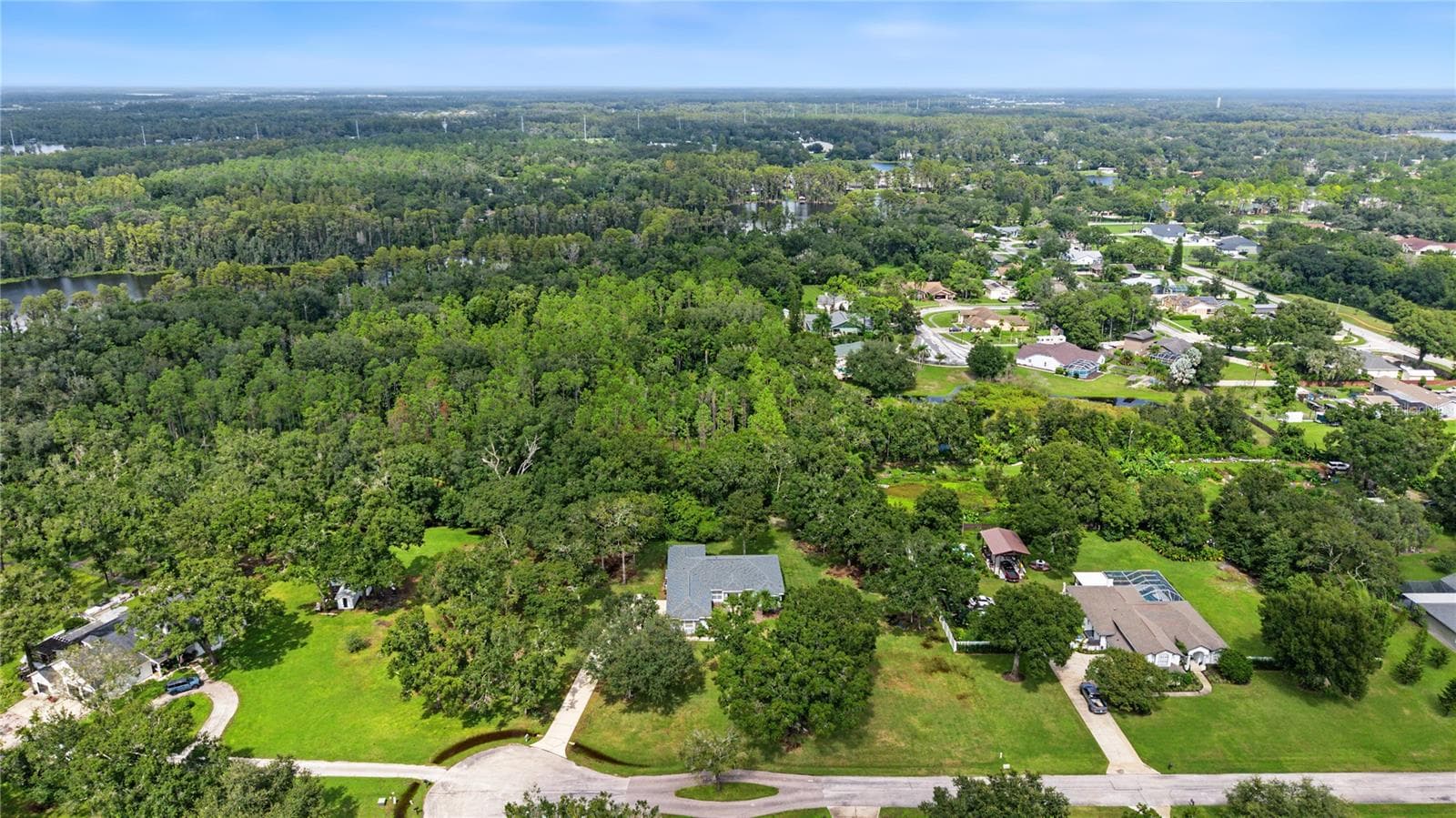 Drone overview of property in the cul de sac. - 915 LAKE THOMAS LN, LUTZ