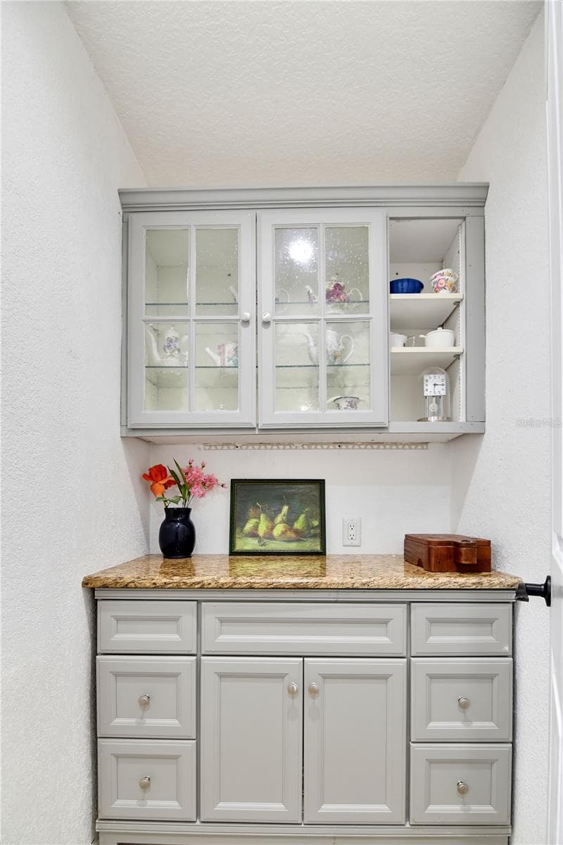 Additional pantry space featuring built-in cabinetry, countertop workspace, and glass-front display cabinets. - 1611 CHESTNUT AVE, WINTER PARK