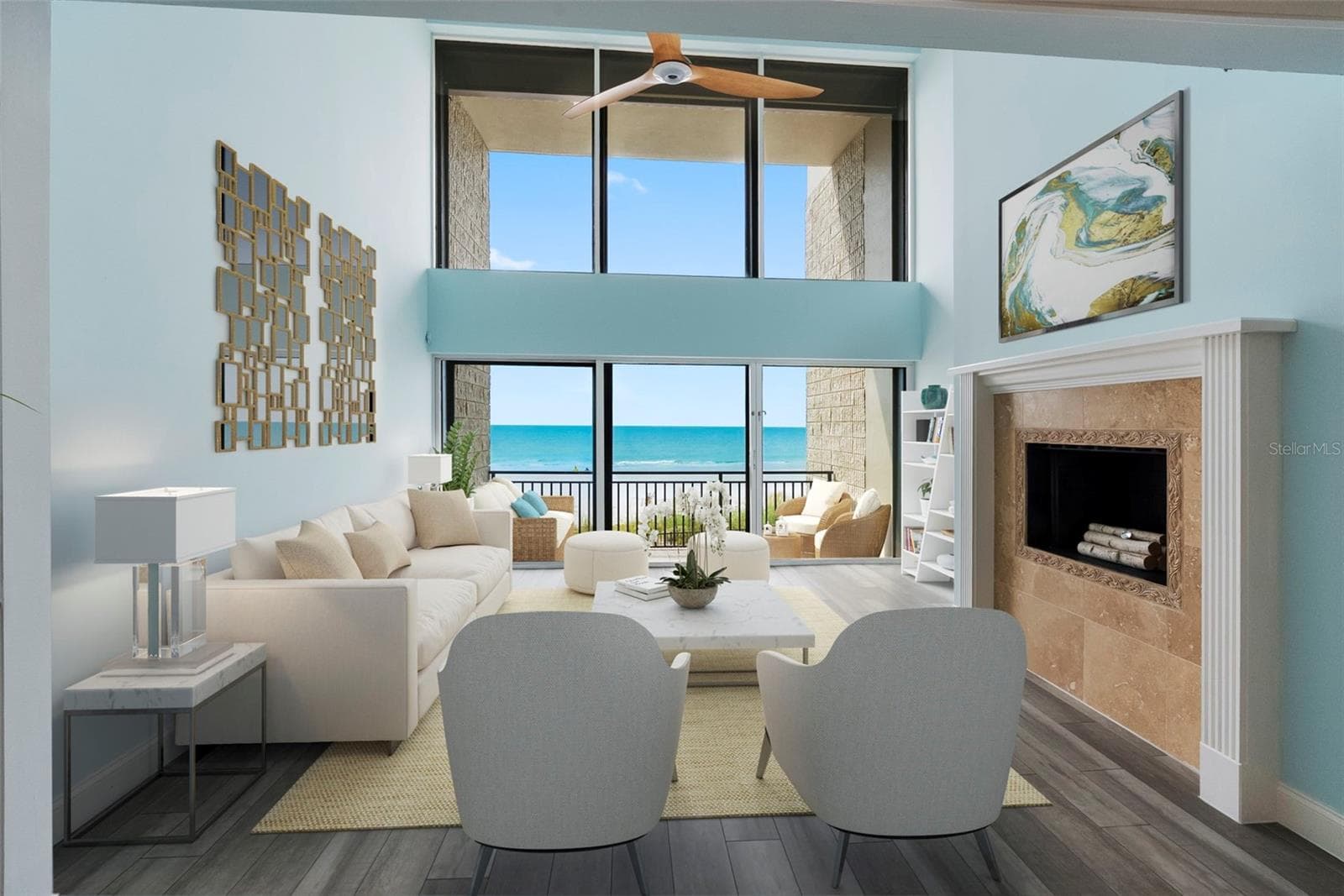 Living Room with Fireplace and balcony access - 19700 GULF BLVD #202, INDIAN SHORES