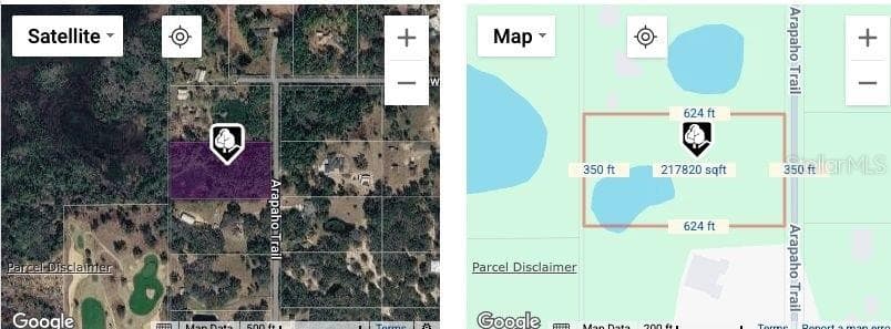 Parcel map from Stellar MLS/Matrix; Google basemap attribution retained. For reference only, not a survey. Buyer to verify boundaries, dimensions and acreage. - 0 ARAPAHO TRL, KISSIMMEE