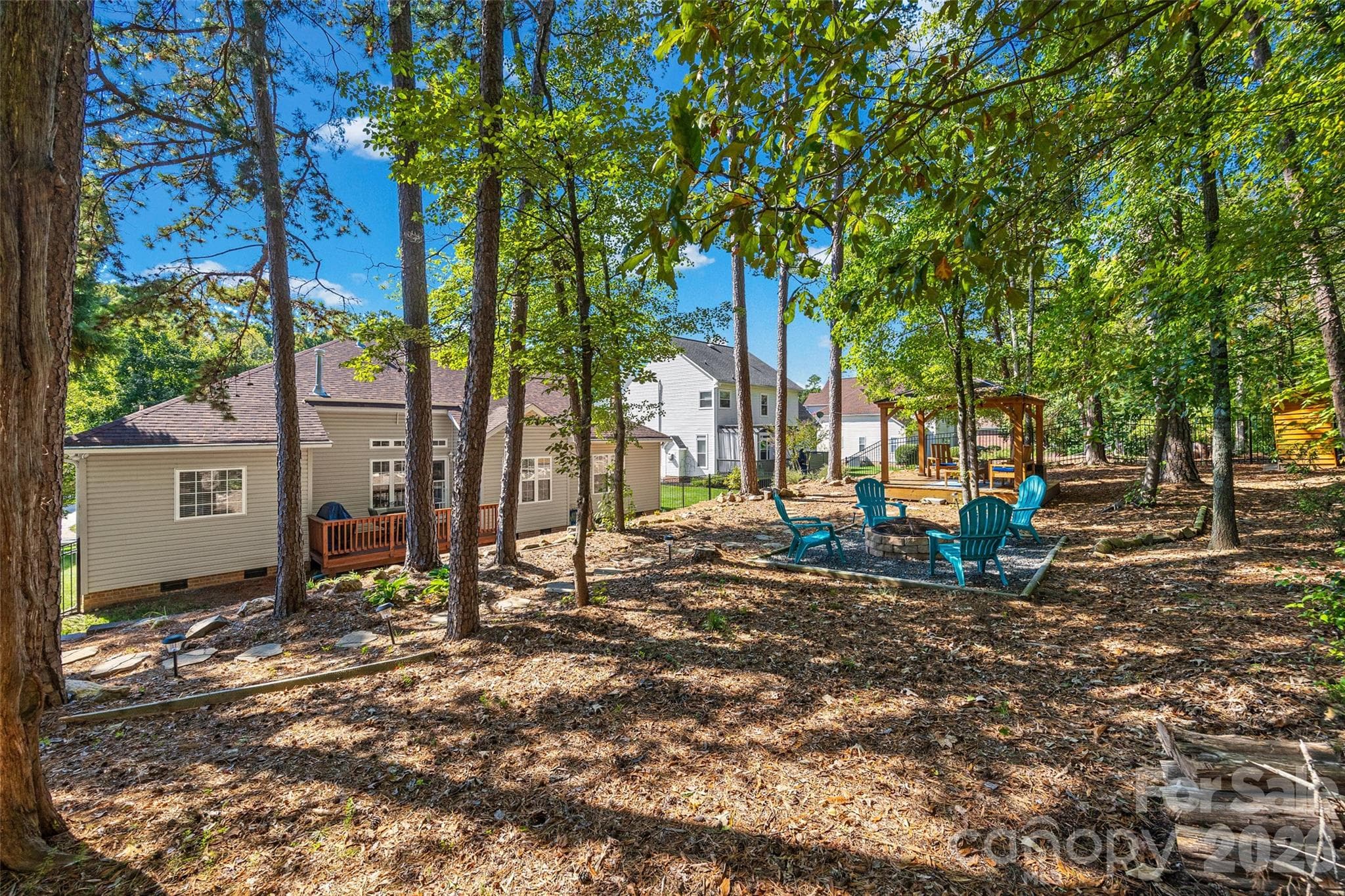 Enjoy this low maintenance charming backyard with space to entertain and take in the natural setting. - 1718 Sanridge Wind Lane, Charlotte