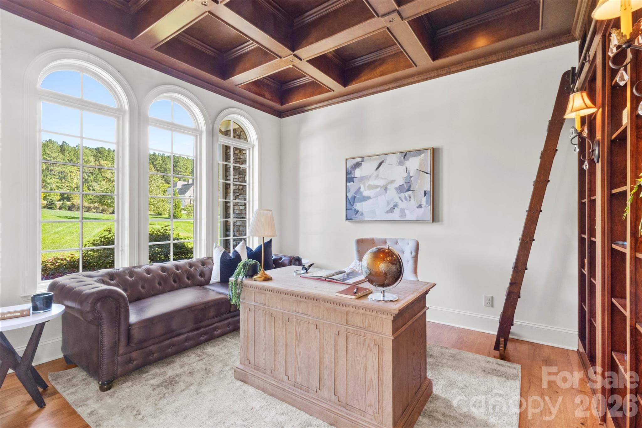Library with wood coffered ceiling overlooks the front lawn - 973 Pinnacle Drive, Iron Station