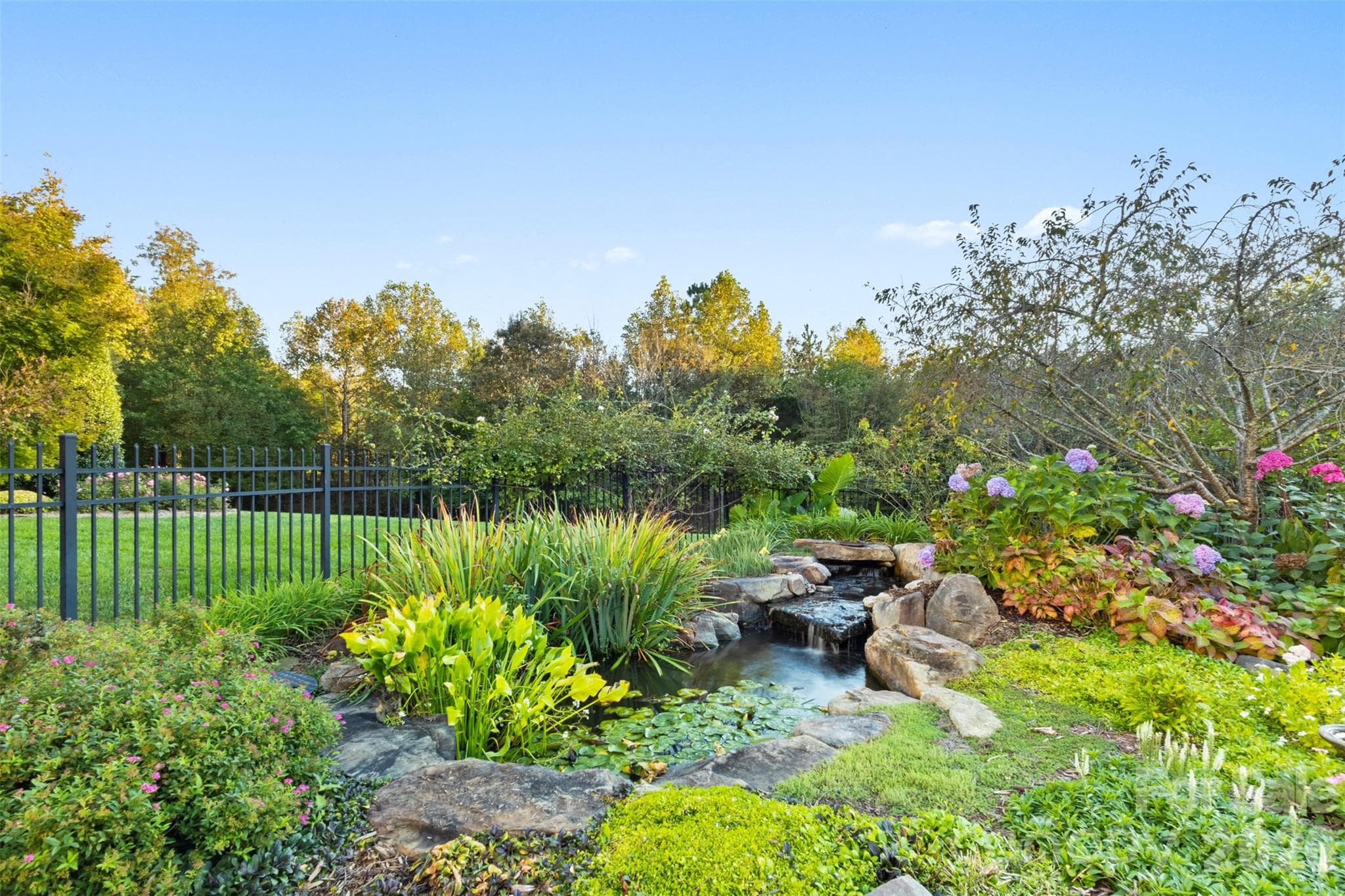 Fish pond beautifully integrated into the landscaping - 973 Pinnacle Drive, Iron Station