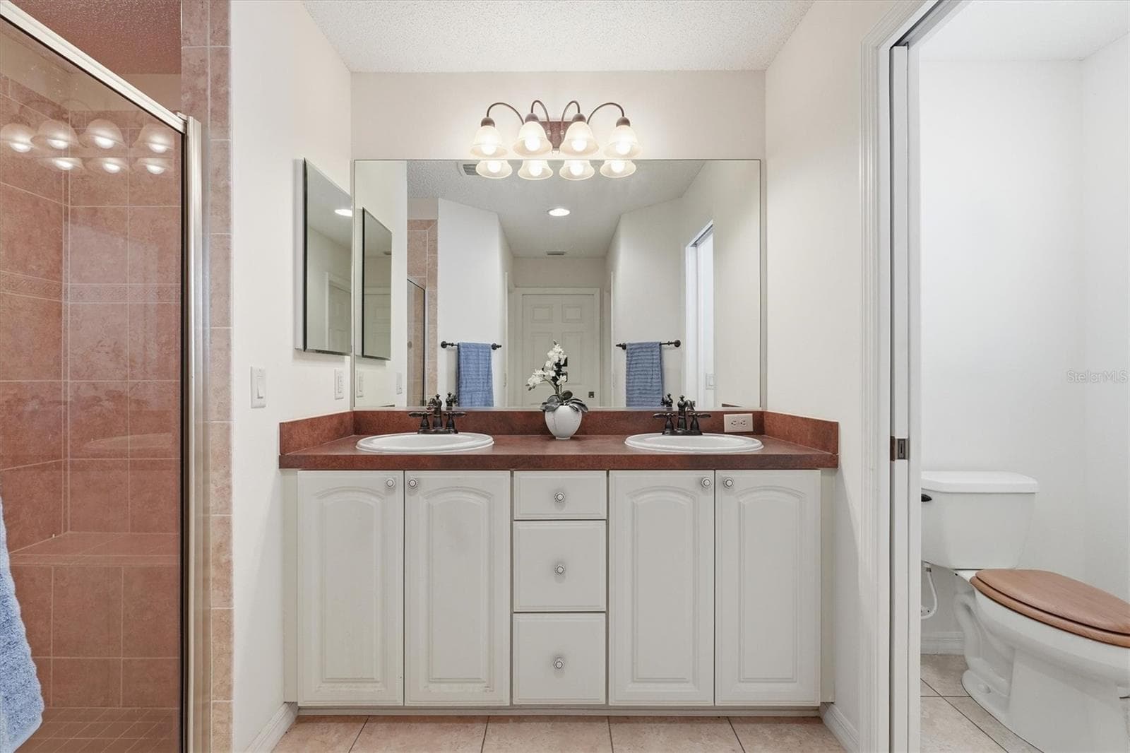 Primary Bathroom has Dual Sinks, High Countertops, Tile Shower, and Private Toilet Room. - 1563 EASTOVER TER, THE VILLAGES