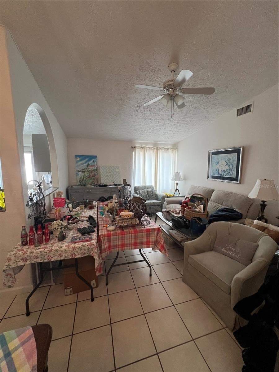 Living room, arch and sliding doors. The fireplace is behind the grey server in the corner. - 4715 STONEPOINTE PL, TAMPA