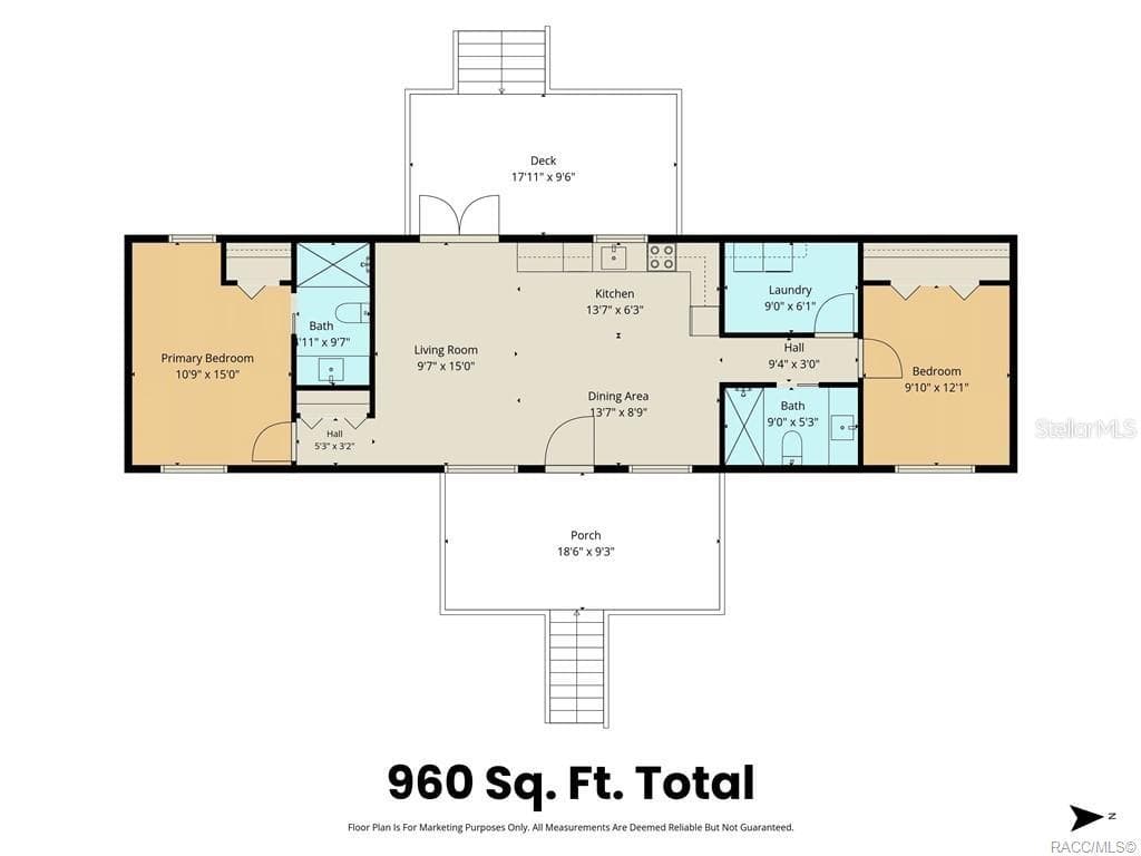 Floor Plan – Convenient floor plan illustrating the home's 2-BEDROOM, 2-BATH layout, OPEN LIVING & DINING AREAS, kitchen, indoor laundry, COVERED FRONT PORCH & REAR DECK. Floor plan measurements are approximate. - 6230 W GLEN ROBBIN CT, CRYSTAL RIVER