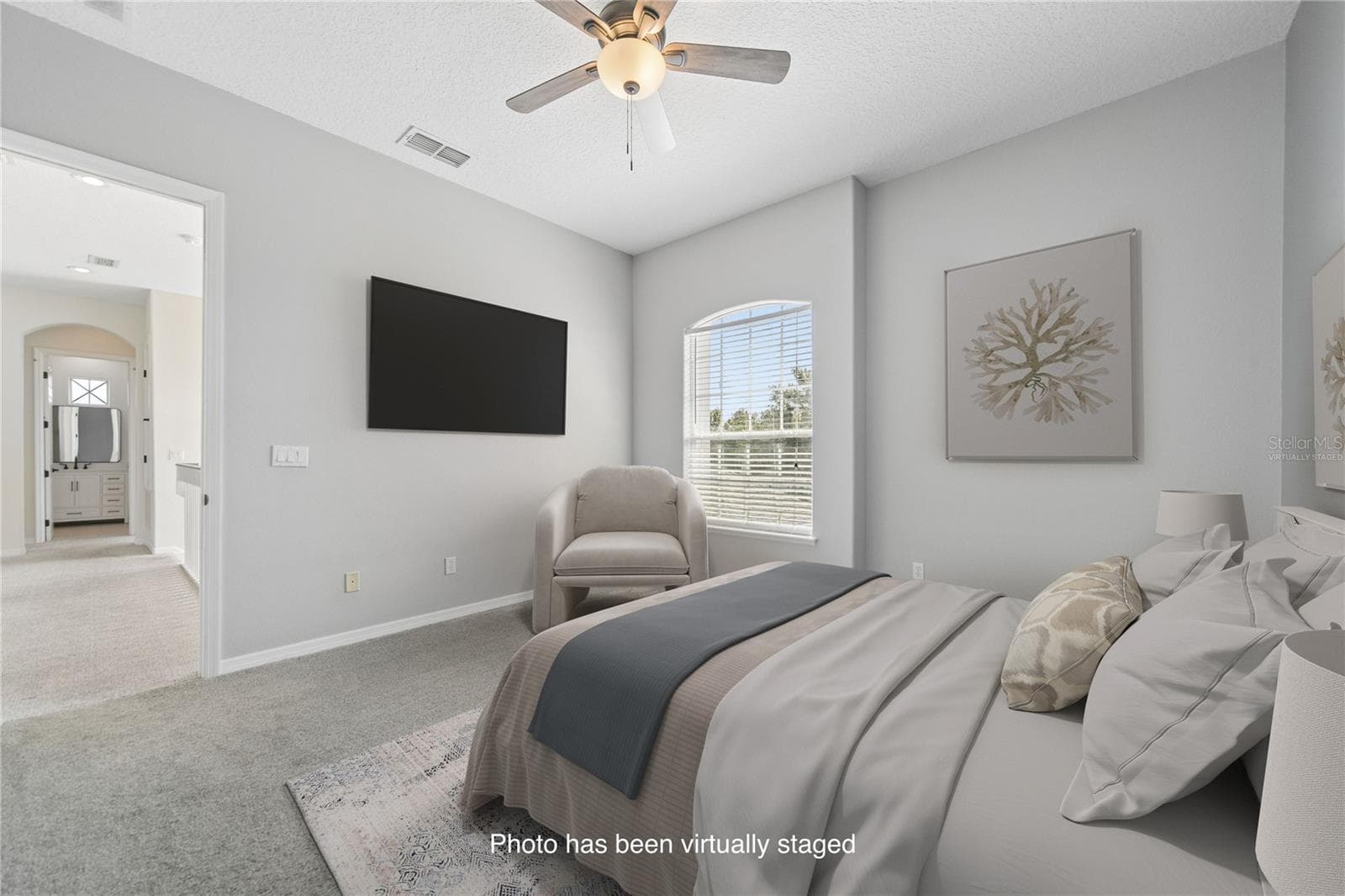 This is bedroom two with an ensuite and walk in closet for your guests or children to enjoy (photo virtually staged). - 16169 BRISTOL LAKE CIR, ORLANDO
