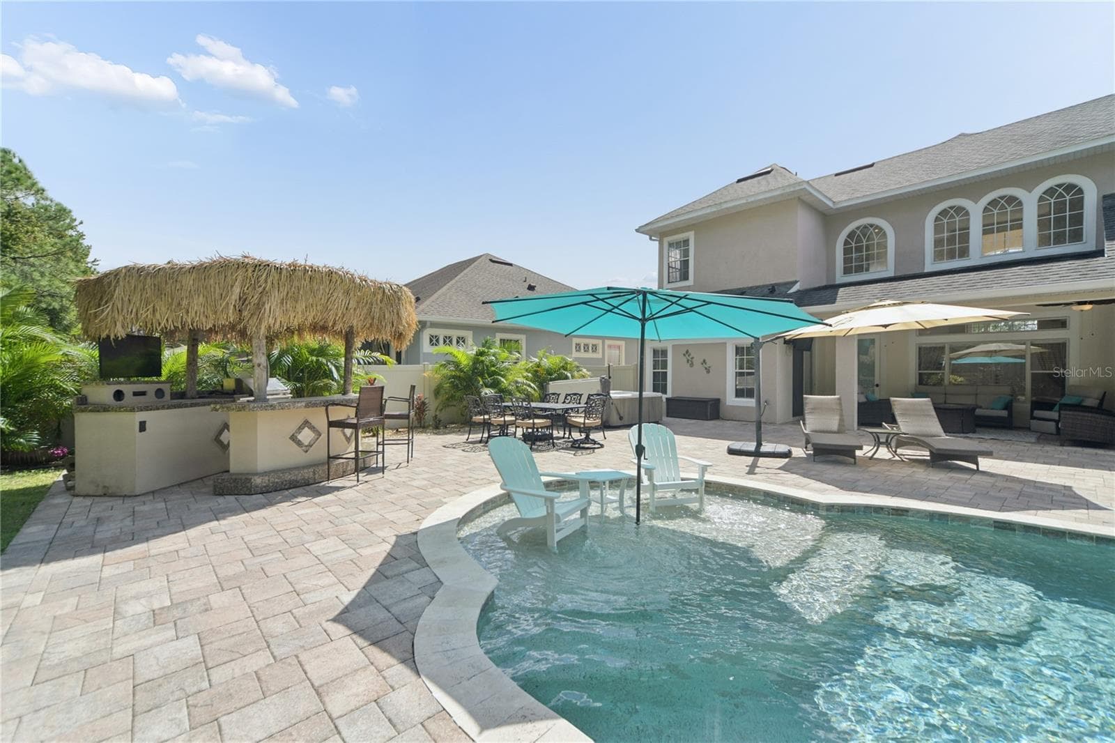 This is the sun shelf with an umbrella receptacle, it's 9 ft wide with enough room for chairs and others to enjoy the shallow water to cool off. Right behind is the outdoor kitchen/tiki bar with a grill, tv, bar fridge, and some storage space. - 16169 BRISTOL LAKE CIR, ORLANDO
