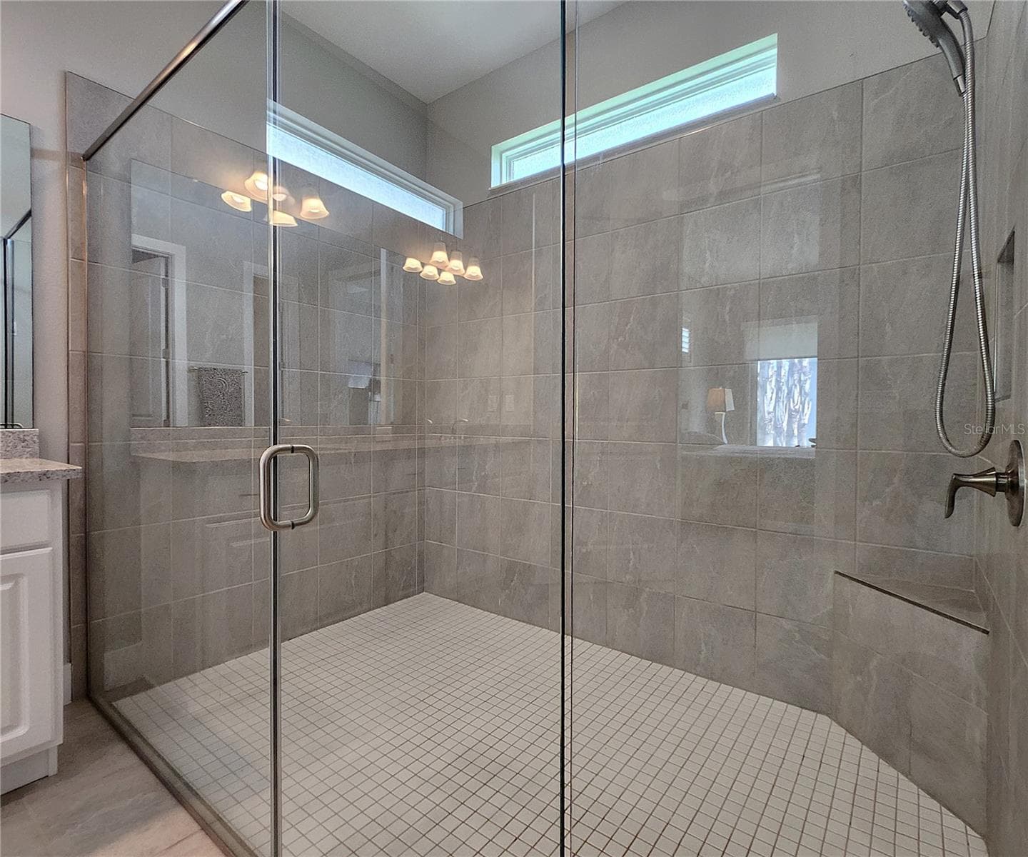 Master bathroom includes large walk-in tiled shower, water closet, walk-in closet, dual sink vanity, granite countertops - 8896 DRUMMER PLANK DR, WESLEY CHAPEL