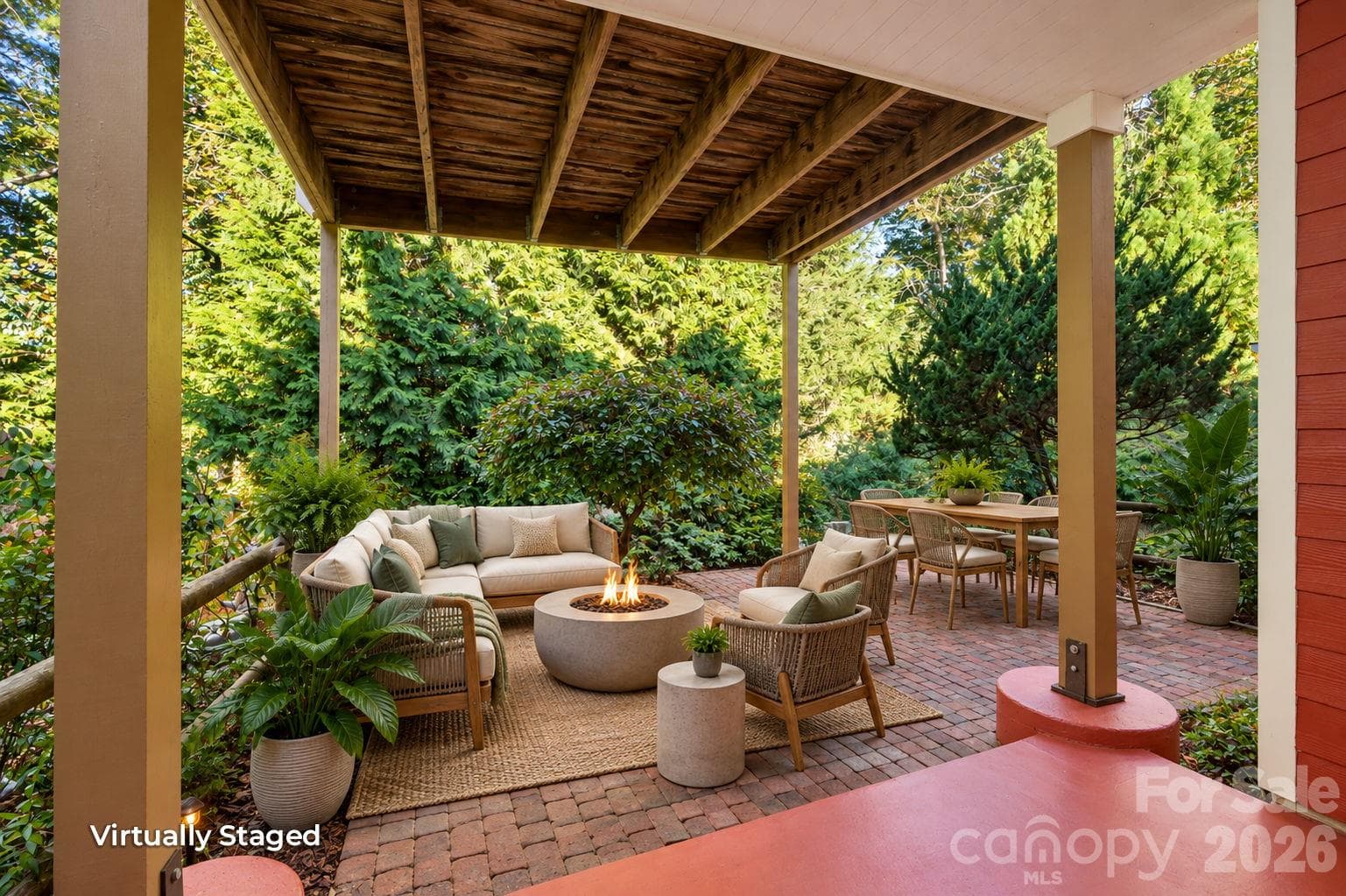 Virtually staged lower level patio borders wooded common land with trail system - 43 Vermont Court, Asheville