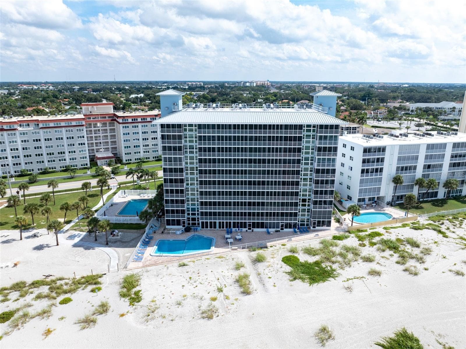 Aerial view from the Gulf looking east. - 555 THE ESPLANADE N #1001, VENICE