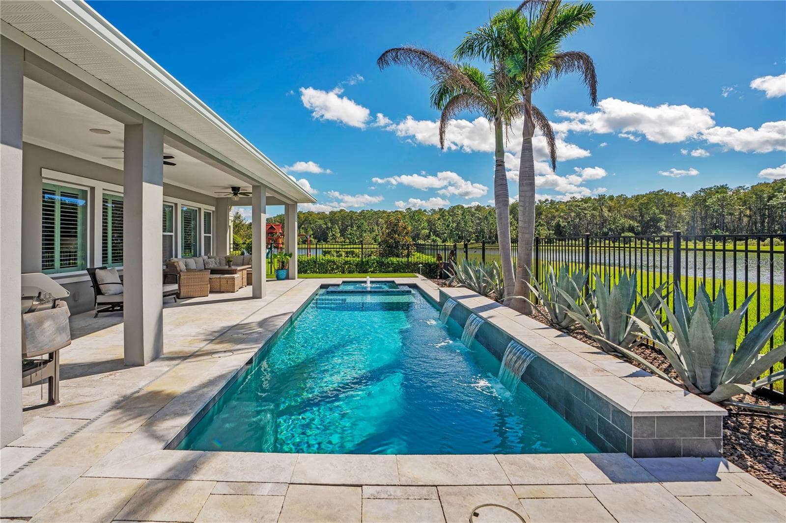 Heated salt water pool viewed from the covered lanai with palms and a water view. - 8336 CANETTI ST, ORLANDO