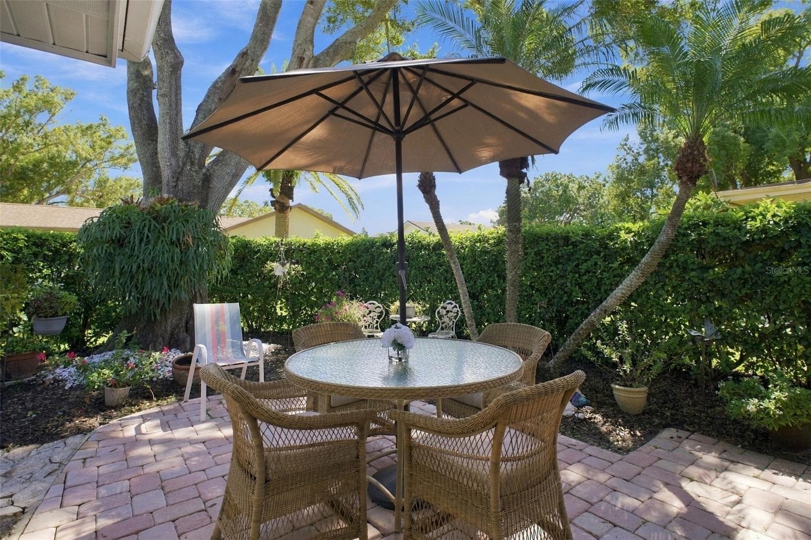 Beautiful paver patio surrounded by lush landscaping for privacy~ - 1743 MACDONNELL DR, PALM HARBOR