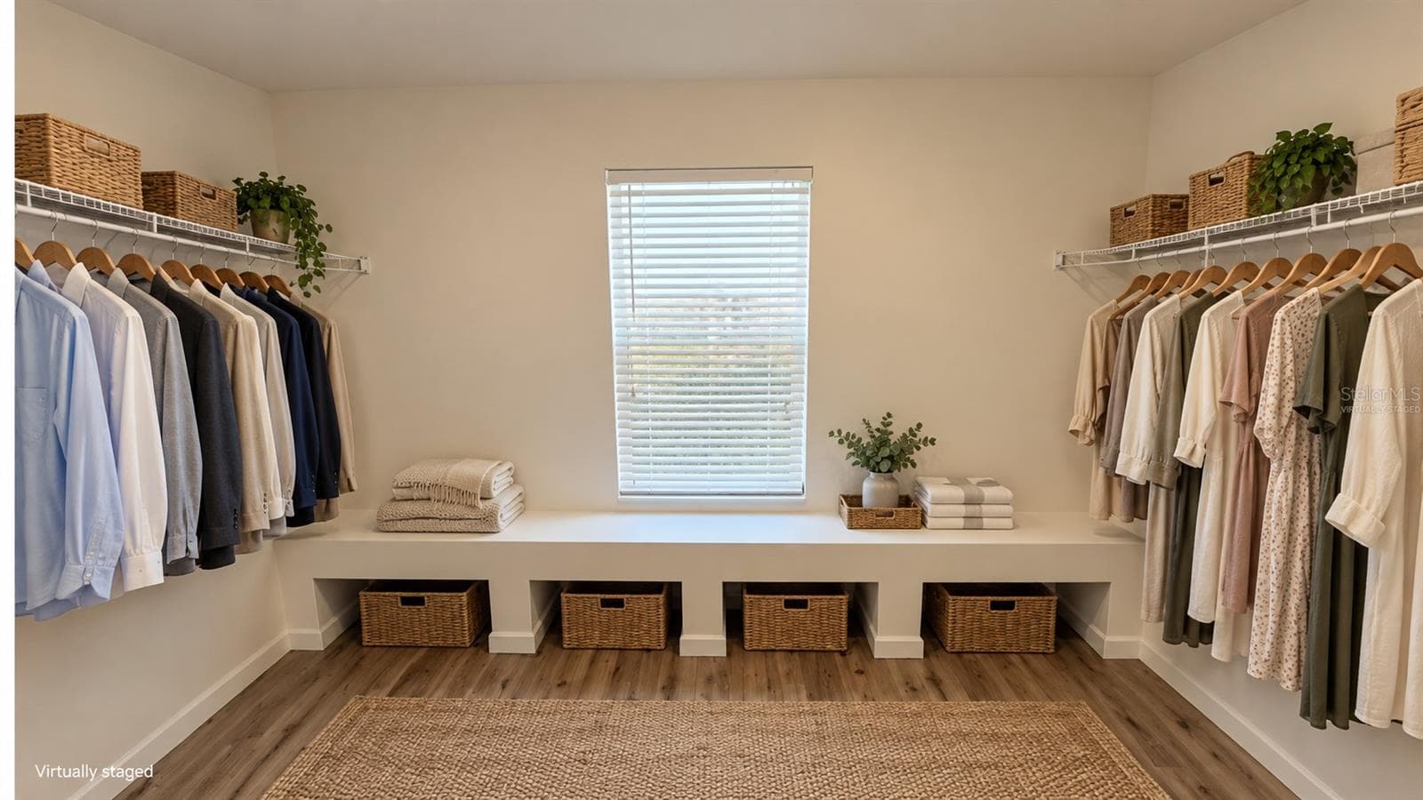 Virtually staged - Walk-in closet. Digital clothing, baskets and decor illustrate a possible use of the existing space; contents are not included. Original unstaged view retained. - 2255 SHEBOYGAN PL, KISSIMMEE