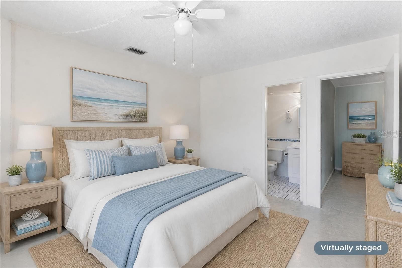Virtually Staged Secondary bedroom, bath and hallway area - tile floor - 2980 HAINES BAYSHORE RD #105, CLEARWATER