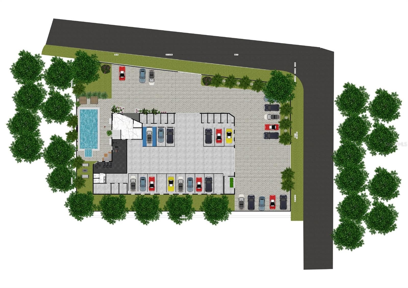 Aerial site plan rendering showing building footprint, parking and pool - 648 GUILD DR, VENICE
