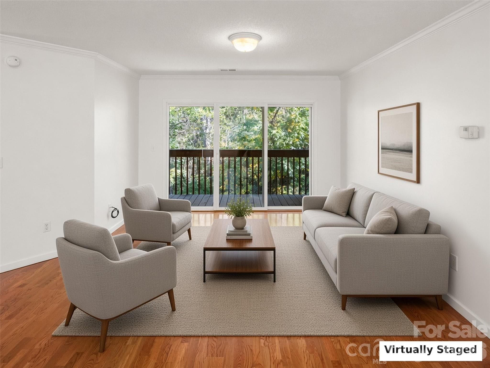Virtually Staged. Living room opening to the private wooded deck. - 206 Waters Edge Drive, Weaverville